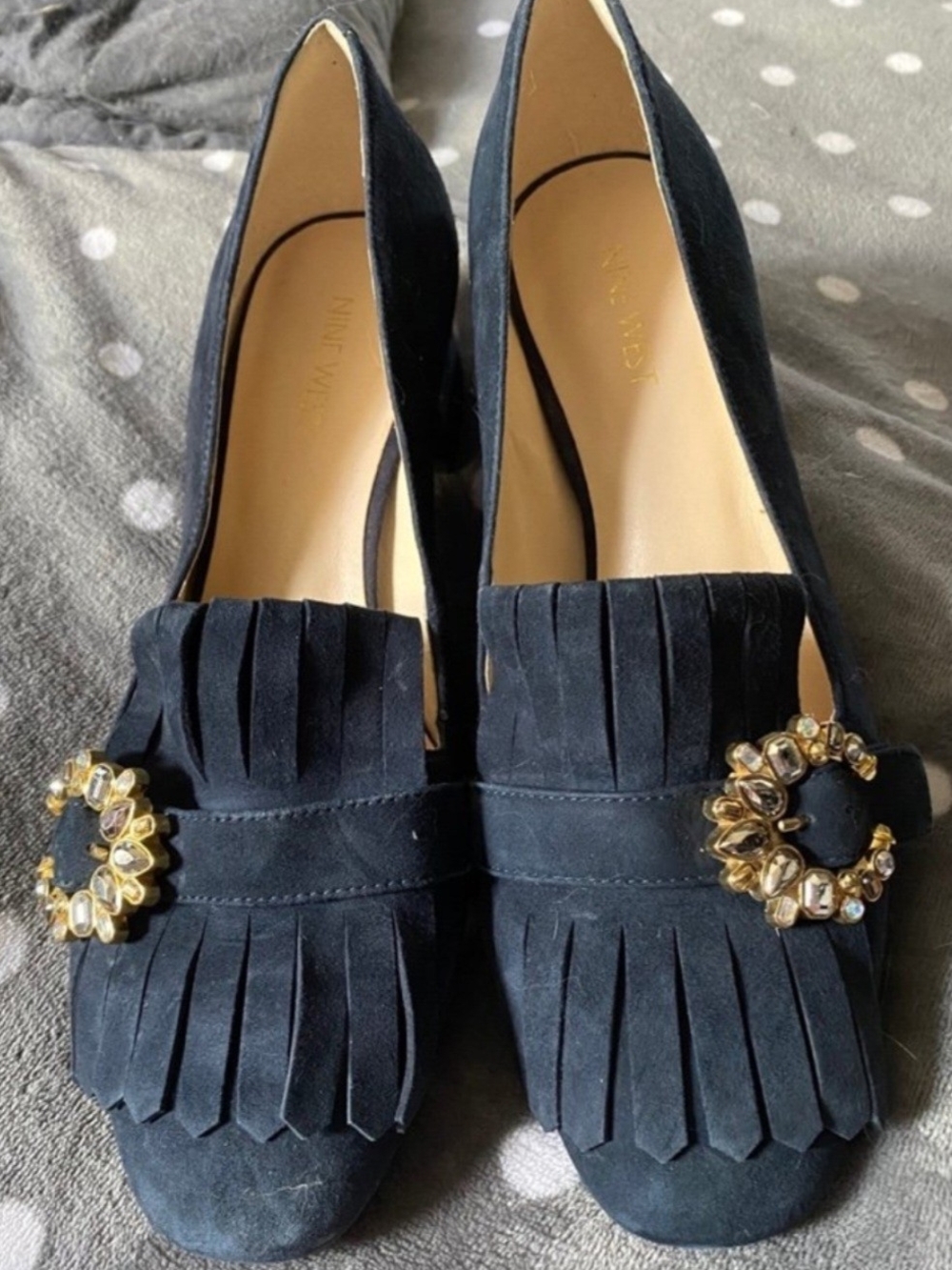 Nine West Navy Suede Fringe Loafers with Gold Jewel Buckles